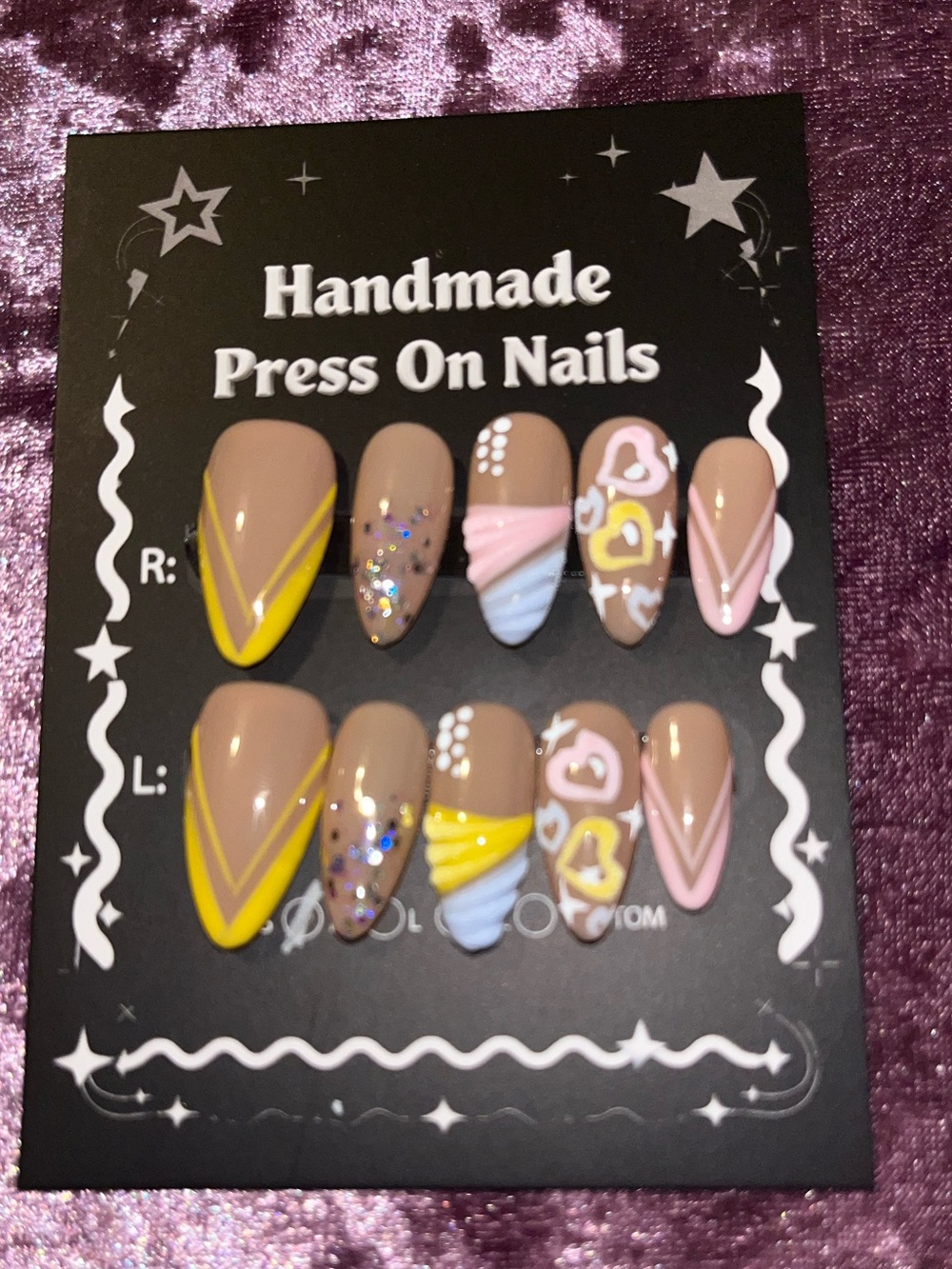 Handmade Beige Press-On Nails with Pink, Yellow & Blue Accents